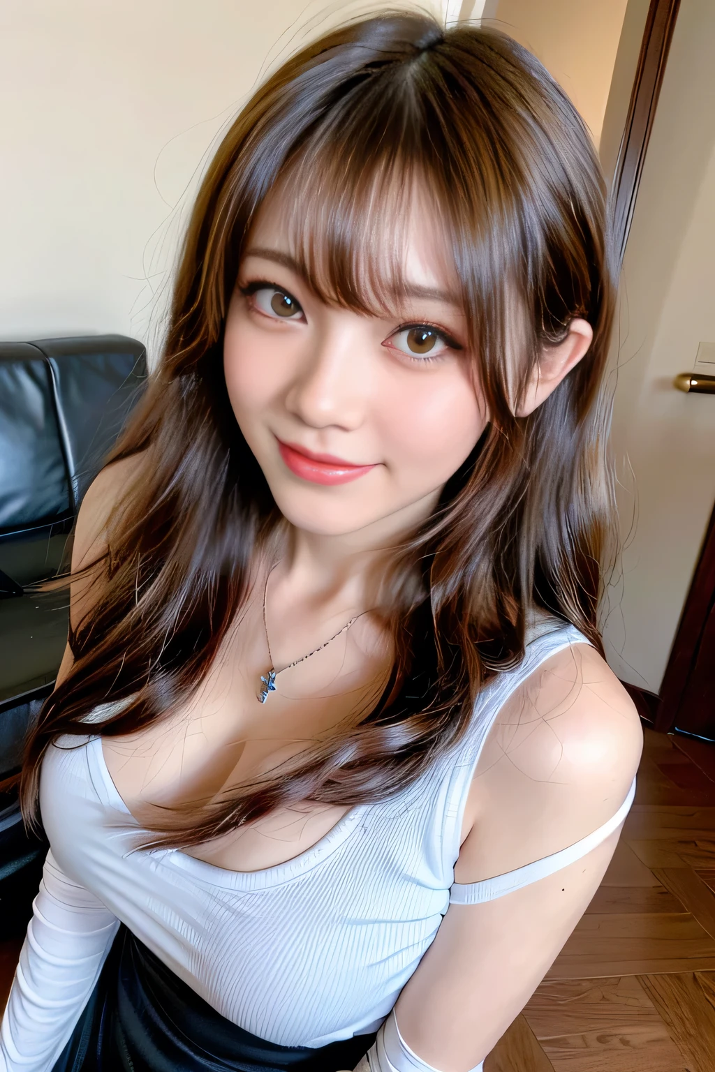 ((Full Body Angle))、((highest quality, 8K, masterpiece: 1.3)), concentrated: 1.2, Cute girl 1,Nipples erect、 Perfect beauty: 1.4,Crisscross V-neck T-shirt, Casual summer short sleeve t-shirt: 1.2,Long sleeve、Randall Color、comics＆Text Graphics、Black ruffle-trimmed drawstring zip blouse,1.1, Highly detailed face and skin textures, Fine grain, double eyelid, whitening skin, ,highest quality,Ultra-high resolution,you,1 girl,alone,_Shiny_skin,Iris,necklace,((Brown_length_Wavy_hair)),(lips)),eyelash,Front hair,deal with,compensate,Shiny,pore,skin texture,Large Breasts、smiling face、Front hair、from above、