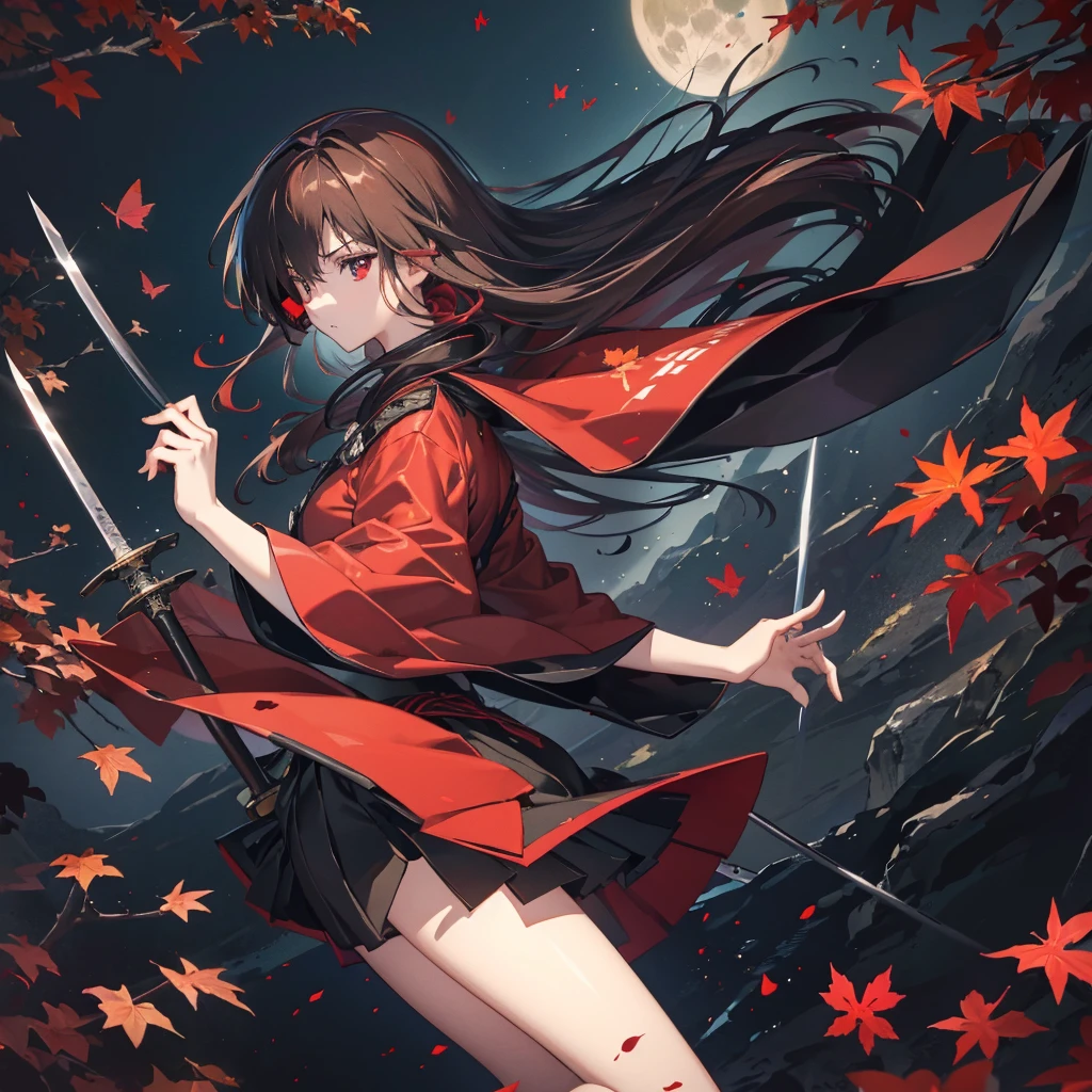 ((blackい髪 Long Hair black Military commander one person Lonely Red Flag Eye patch)) ((night Japanese style old Shining Aura)) (Dance Burning Blade Shining Japan sword Hold the sword with your right hand Hold the sheath in your left hand Pull it out as it is) moon star Draw your sword Slashing Catch the wind print Tense face geta kimono Red shiny edge Reflection of the sword water surface autumn Maple Red Butterfly in the forest Emit an aura