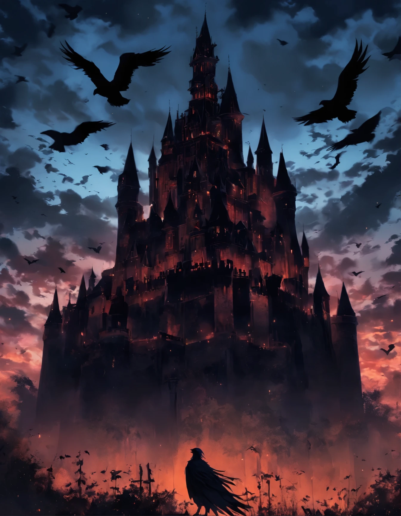 a black and white photo of a castle surrounded by crows, ominous gothic aesthetic, gothic atmosphere, dark fantasy setting, fantasy dark art, dark fantasy mixed with realism, gothic horror vibes, gothic art, dark and gothic, gothic background, dark fantasy. intricate, gothic fantasy art, dark fantasy art, gothic art style, gothic horror, gothic aesthetic, highly detailed dark art