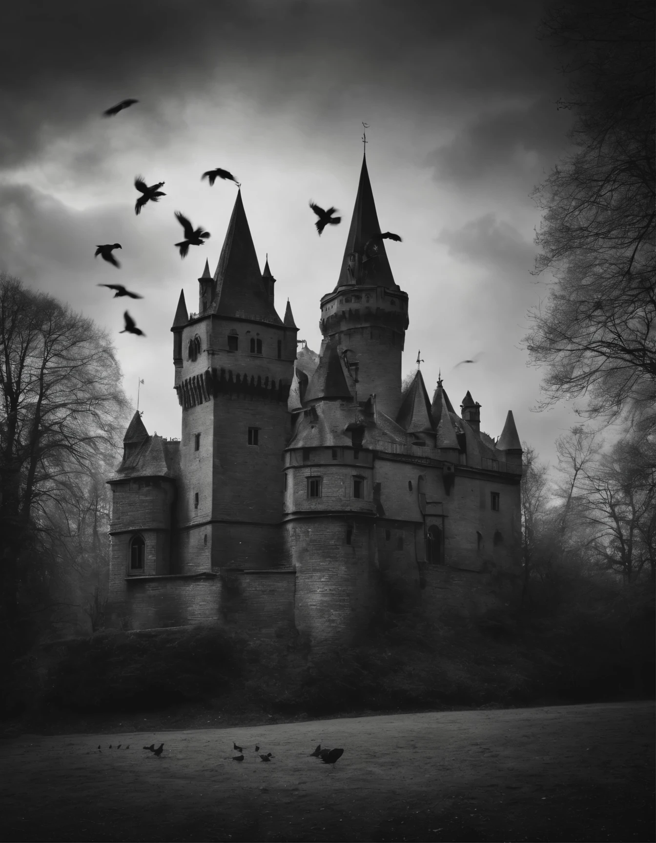 a black and white photo of a castle surrounded by crows, ominous gothic aesthetic, gothic atmosphere, dark fantasy setting, fantasy dark art, dark fantasy mixed with realism, gothic horror vibes, gothic art, dark and gothic, gothic background, dark fantasy. intricate, gothic fantasy art, dark fantasy art, gothic art style, gothic horror, gothic aesthetic, highly detailed dark art