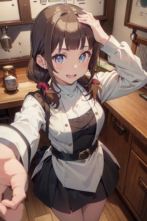 (from above:1.2) (highest quality:1.5),(8k,masterpiece, top quality, best quality,beautiful and aesthetic:1.2,professional illustrasion:1.1,ultra detail:1.3,perfect lighting),extremely detailed,highest detailed,incredibly absurdres , highres, ultra detailed,intricate:1.3,(Alchemy Workshop:1.4),A girl mixing,Medicine in many small bottles,colorful:1.4,zentangle,(1girl),(highly detailed beautiful face and eyes,firm breasts),real skin,((brown hair,long pony tail hair)),thin pubic hair:1.3,cute,lovely,17 years old, learning a cook, alchemist costume,smile,in the kitchen,smile,seductive weak smiling,(with sparkling eyes and a contagious smile),open mouth, Looking at Viewer,