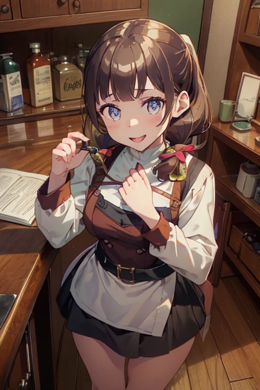 (from above:1.2) (highest quality:1.5),(8k,masterpiece, top quality, best quality,beautiful and aesthetic:1.2,professional illustrasion:1.1,ultra detail:1.3,perfect lighting),extremely detailed,highest detailed,incredibly absurdres , highres, ultra detailed,intricate:1.3,(Alchemy Workshop:1.4),A girl mixing,Medicine in many small bottles,colorful:1.4,zentangle,(1girl),(highly detailed beautiful face and eyes,firm breasts),real skin,((brown hair,long pony tail hair)),thin pubic hair:1.3,cute,lovely,, learning a cook, alchemist costume,smile,in the kitchen,smile,seductive weak smiling,(with sparkling eyes and a contagious smile),open mouth, Looking at Viewer,