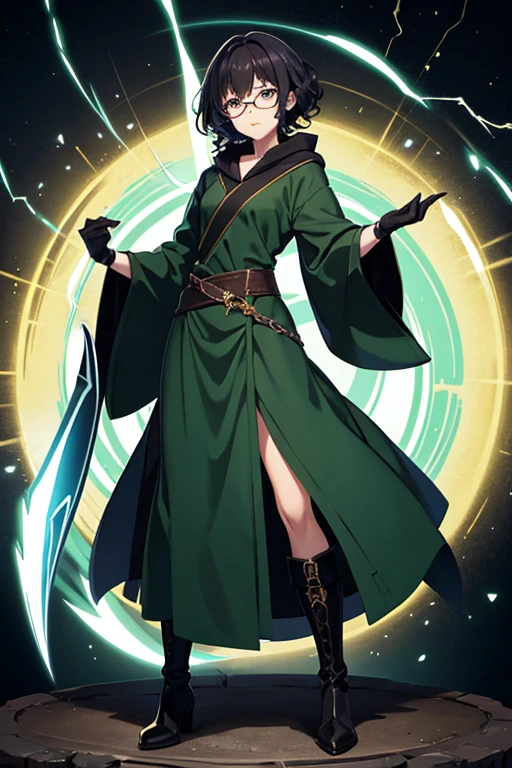 Anime drawings、Full body portrait、Fantasy world characters、A female wizard, around 155cm tall and around 17 years old, wearing a dark green robe and a long skirt, emitting lightning.、Curly short black hair、Crying face、Glasses、gloves、boots