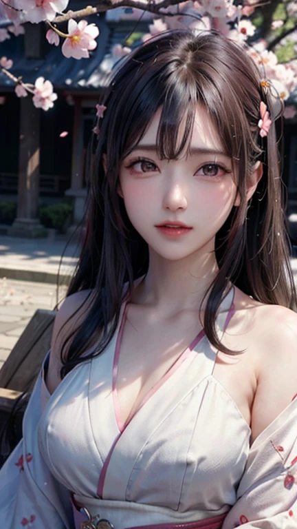 (logo, masterpiece, 8k, Tabletop, RAW Photos, wonderful, 最high quality, Photorealistic and Very detailed CG Integrated 8k Wallpaper, high quality, Very detailed, Narrative poem, Particle Effects, Dynamic Effects, Character boundary depth, Cinematic Light, Lens flare, Ray Tracing), Fantasy, (single beauty, White kimono, Japanese Clothing, 白いcherry blossoms模様, 白いcherry blossomsの刺繍模様, Black Hair, Beautiful Face, True Face, Beautiful eyes in every detail, Beautiful Skin, Long Hair) Hair fluttering in the Wind, Long Hair bouncing, Long Hair dancing in the Wind), (cherry blossoms, cherry blossoms, cherry blossomsの花びらが舞う, cherry blossoms吹雪, Falling petals), hair fluttering in the Wind, Hair bounce, pink cherry blossoms, Dancing Petals, cherry blossoms吹雪, Nice views, sunrise, Sun in the background, Wind, god々, teeth, stories of god々, Vast land