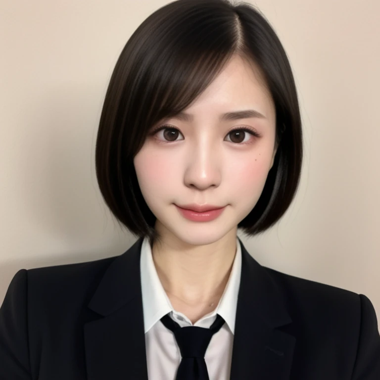 (kawaii 24 year-old Japanese girl, Nogizaka idol, Korean idol), glossy brown hair, (very short hair, forehead:1.2), beautiful black eyes, rounded face, narrow shoulders, single eyelid, no makeup, no expression, (suit jacket, collared shirt, necktie), extra small breasts, BREAK, (simple white background:1.2), (view from forward, bust shot, upper body shot, id photo:1.2), BREAK, (masterpiece, best quality, photo realistic, official art:1.4), (UHD, 8K quality wallpaper, high resolution, raw photo, golden ratio:1.3), (shiny skin), professional lighting, physically based rendering, award winning, (highly detailed skin texture, extremely detailed face and eyes textures), Carl Zeiss 85 mm F/1.4, depth of field, (1girl, solo),