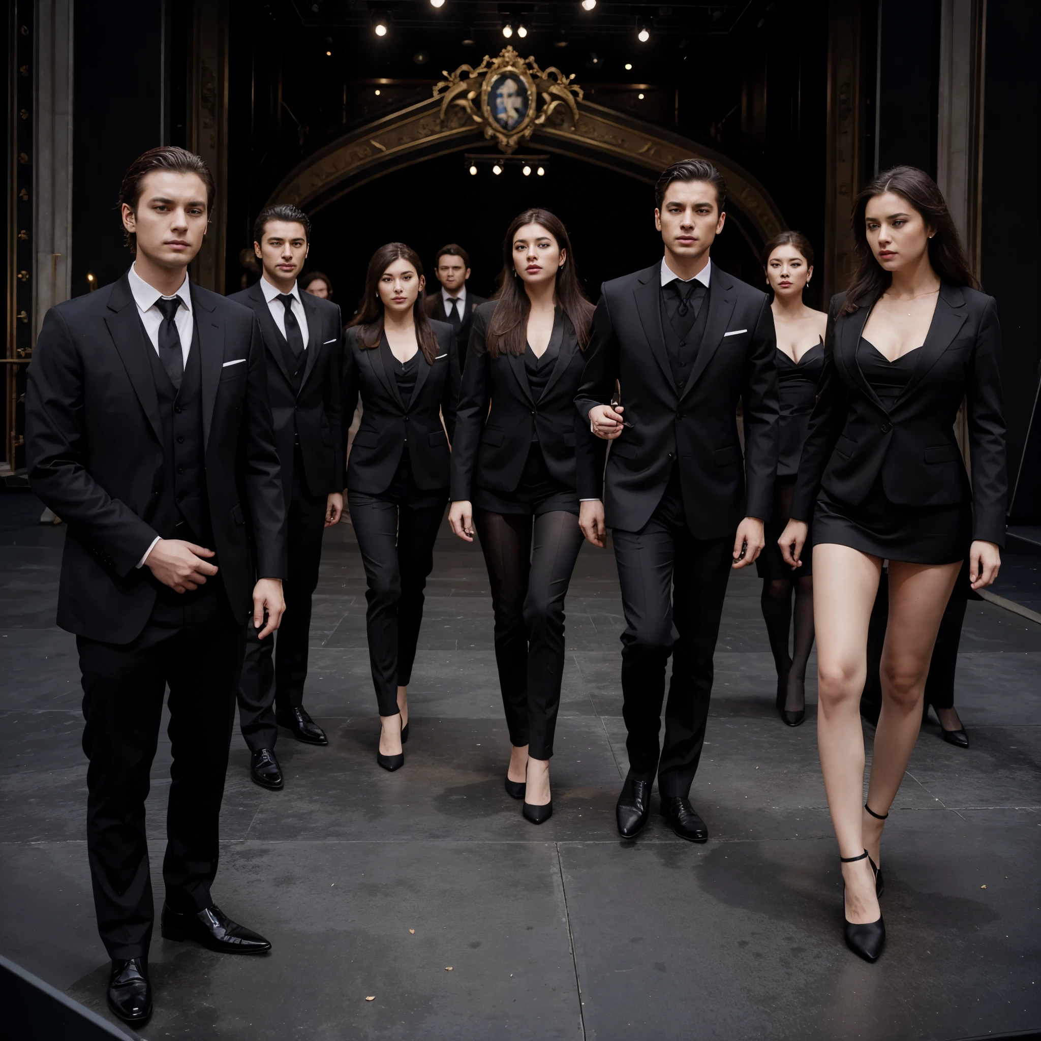 Capture the elegance and sophistication of seven individuals, comprising three men and four women, dressed in black attire. The three men don black tuxedos, while the four women adorn themselves in long black gowns. They stand side by side on the grand opera stage, exuding an air of utmost refinement and poise. Ensure the image is a realistic, ultra HD portrayal of this scene.