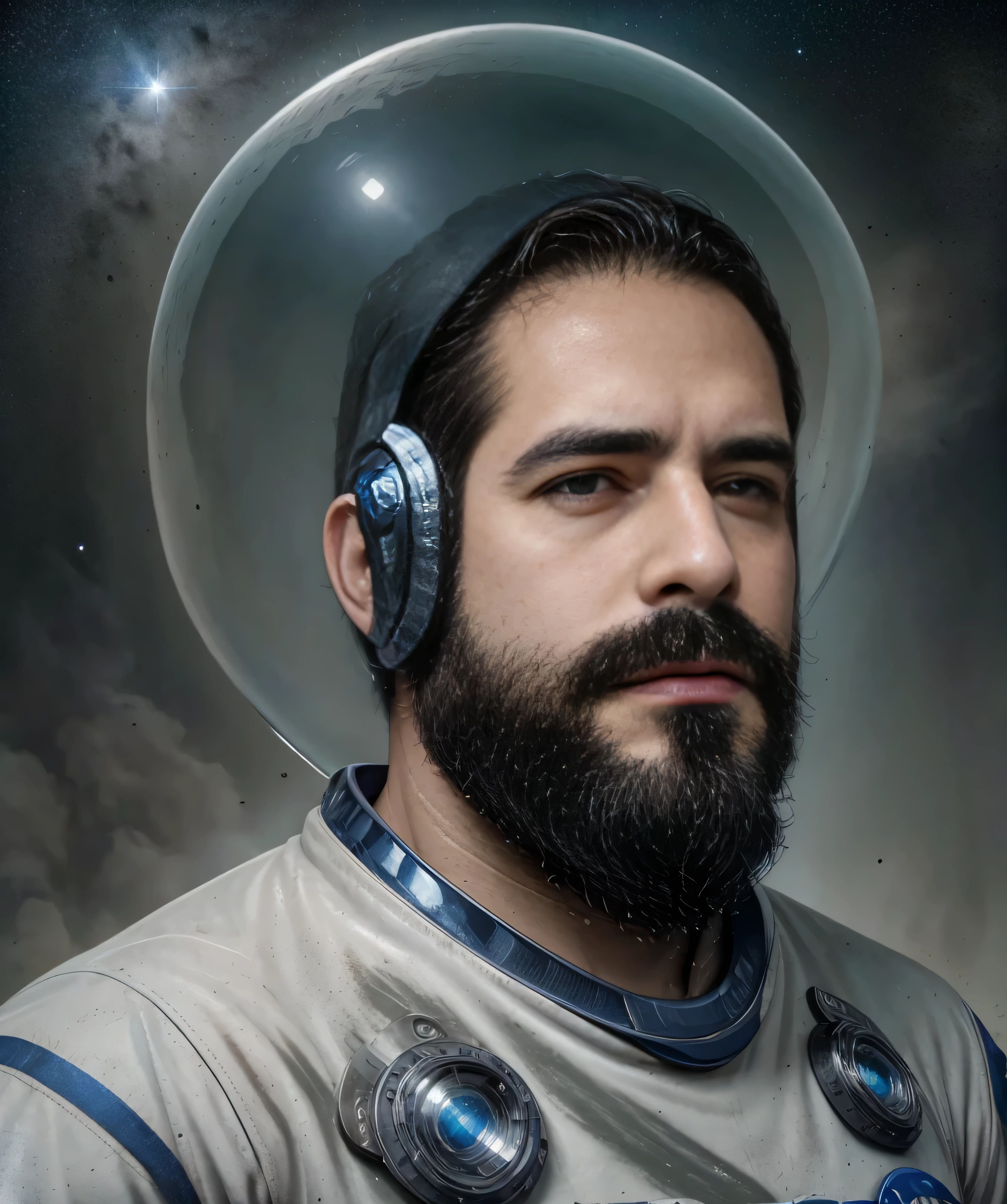 A well-built man with a dark beard and sunglasses, wearing a high-tech space suit with blue and silver details, se encuentra en primer plano. Su figura llena la imagen, highlighting his expression of determination and bravery. Behind him, el vasto espacio exterior se extiende con un fondo de estrellas brillantes y nebulosas coloridas. A lo lejos, se ve una nave espacial futurista con luces parpadeantes y una gran luna o planeta en el horizonte. The man holds a space helmet in his right hand and a communication device in the left, ready to lead a crucial mission in the vastness of the cosmos."