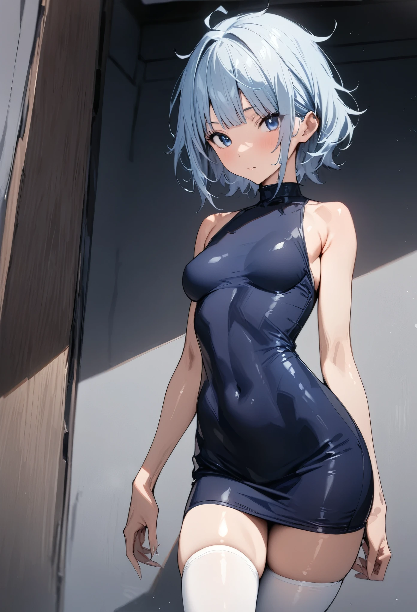 ((masterpiece, highest quality:1.2)),cowboy shot,1woman,20 year old beauty,solo,((very small head)),messy hair,short hair, light blue hair,blue eyes,blunt,((very long and slender body)),toned body,skinny,medium breasts,shiny skin,Navy blue sleeveless mini dress、turtleneck、white_thighhighs、