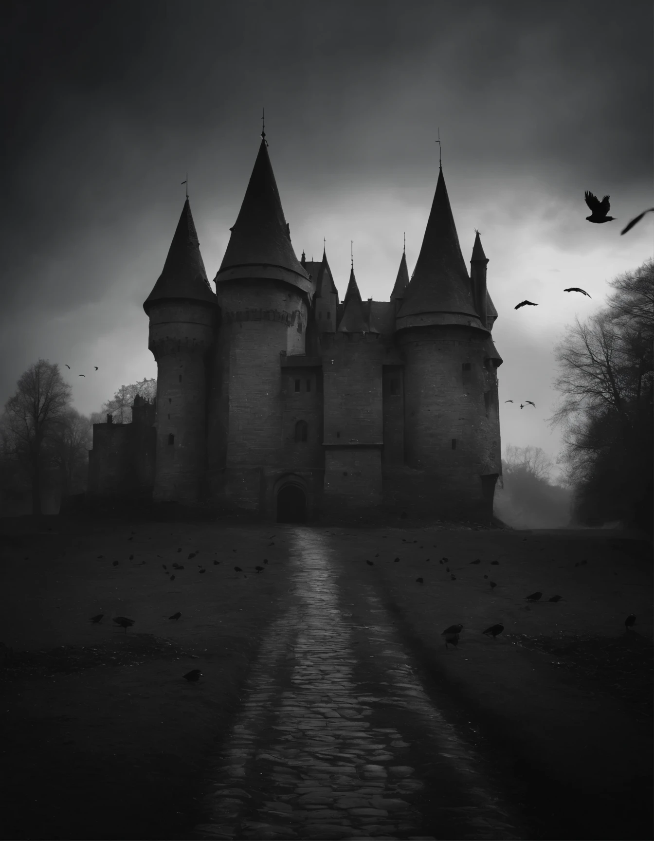 a black and white photo of a castle surrounded by crows, ominous gothic aesthetic, gothic atmosphere, dark fantasy setting, fantasy dark art, dark fantasy mixed with realism, gothic horror vibes, gothic art, dark and gothic, gothic background, dark fantasy. intricate, gothic fantasy art, dark fantasy art, gothic art style, gothic horror, gothic aesthetic, highly detailed dark art