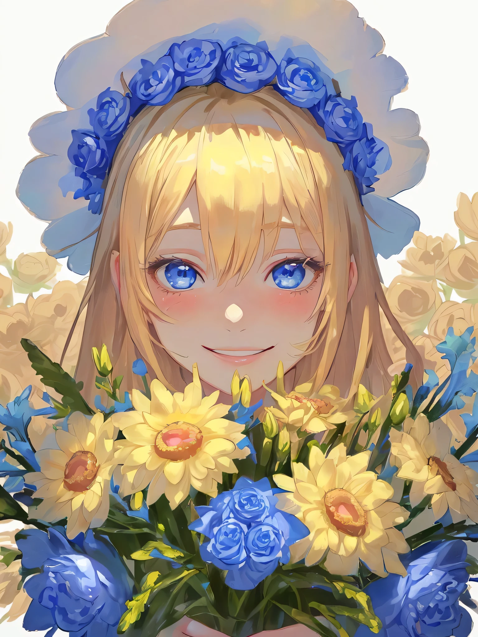 a young woman with bright blonde hair standing next to a bunch of flowers and wearing a hat, 1 girl, flower, alone, blue eyes, smile, flower bouquet, looking at the viewer, golden hair, white background, colorful flower, blush, background, holding, Upper body, Close-up、 head shot, bangs, holding flower bouquet,