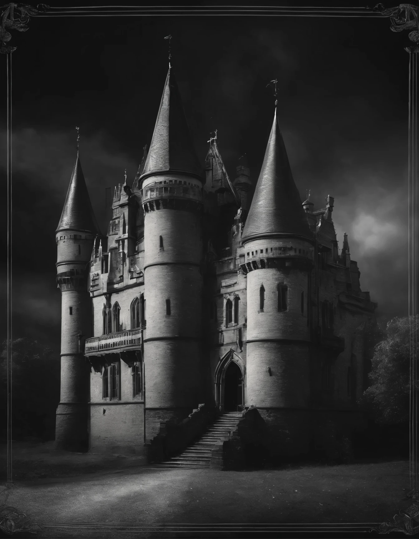 a black and white photo of a castle surrounded by crows, ominous gothic aesthetic, gothic atmosphere, dark fantasy setting, fantasy dark art, dark fantasy mixed with realism, gothic horror vibes, gothic art, dark and gothic, gothic background, dark fantasy. intricate, gothic fantasy art, dark fantasy art, gothic art style, gothic horror, gothic aesthetic, highly detailed dark art