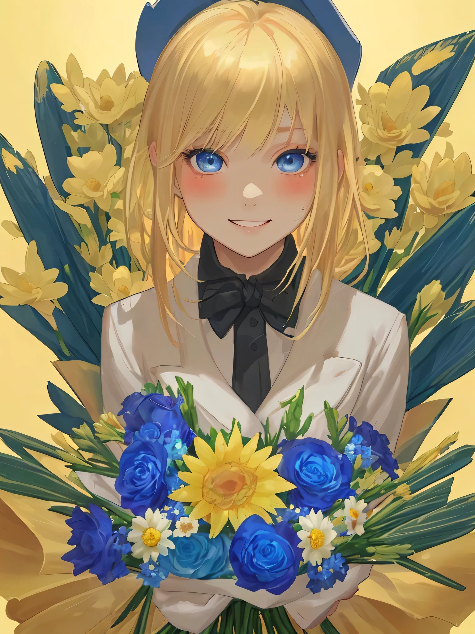 a young woman with bright blonde hair standing next to a bunch of flowers and wearing a hat, 1 girl, flower, alone, blue eyes, smile, flower bouquet, looking at the viewer, golden hair, white background, colorful flower, blush, background, holding, Upper body, Close-up、 head shot, bangs, holding flower bouquet,