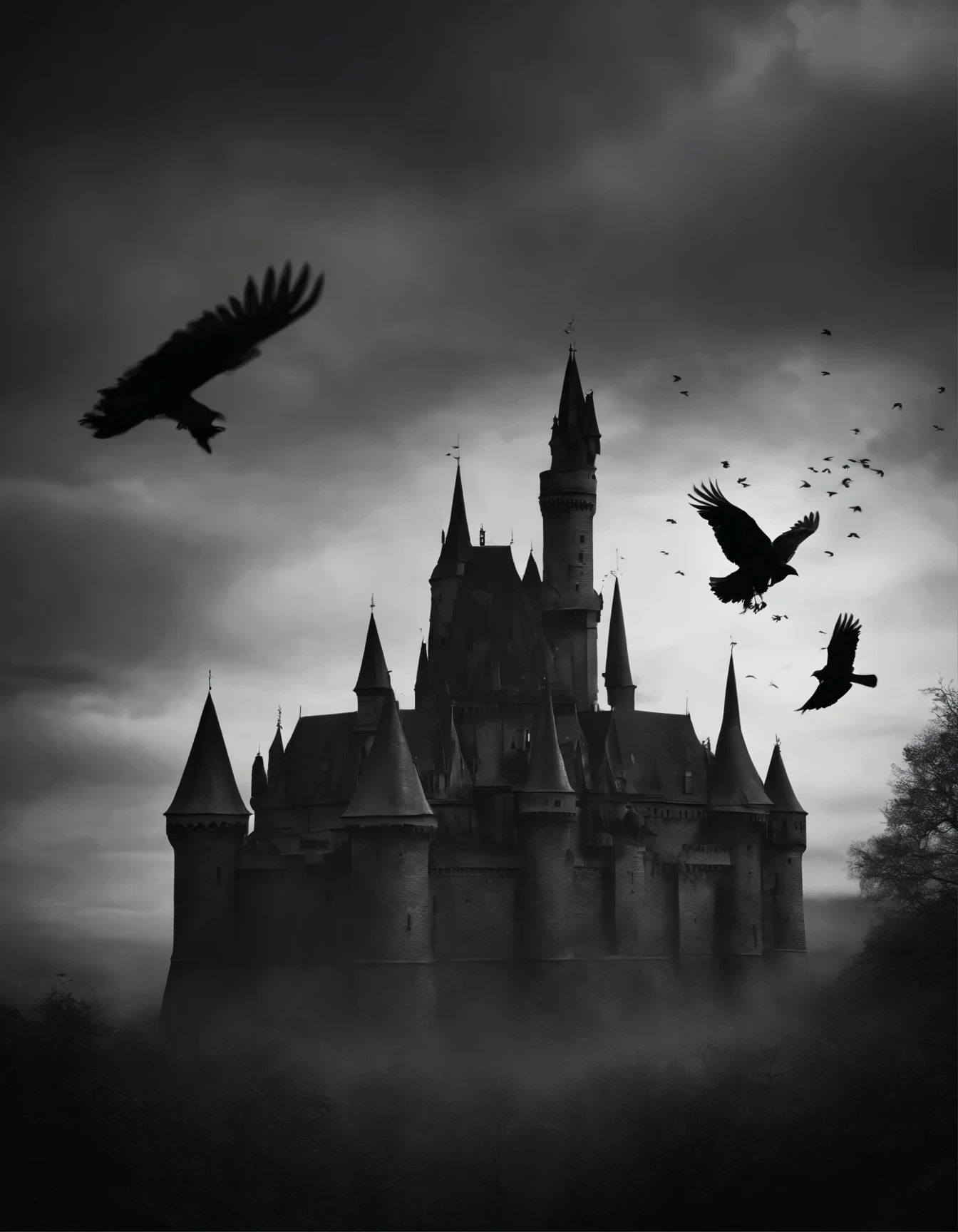 a black and white photo of a castle surrounded by crows, a matte painting by Auseklis Ozols, tumblr, gothic art, ominous gothic aesthetic, gothic atmosphere, dark fantasy setting, fantasy dark art, dark fantasy mixed with realism, gothic horror vibes, dark and gothic, gothic background, dark fantasy. intricate, gothic fantasy art, dark fantasy art