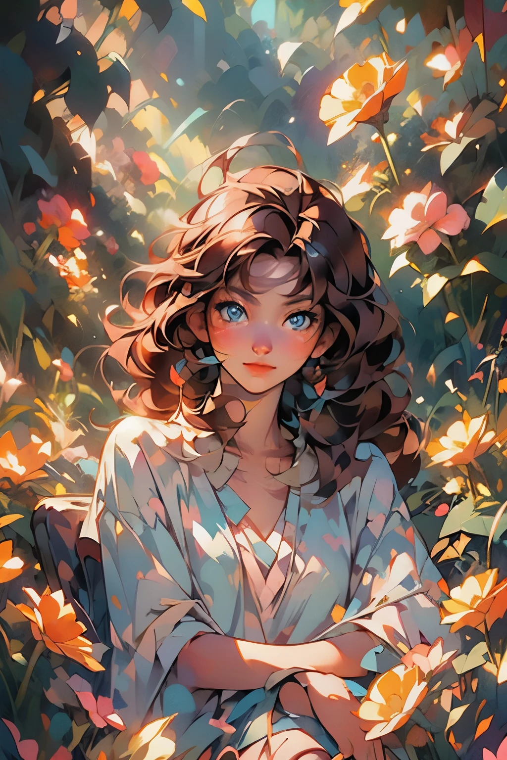 Anime beautiful girl, solo, detailed face, long brown curly hair, blue eyes, sitting down, surrounded by flowers, background (minimalist, pastel colors, splash), digital art, masterpiece, ultra detailed, best quality, wallpaper