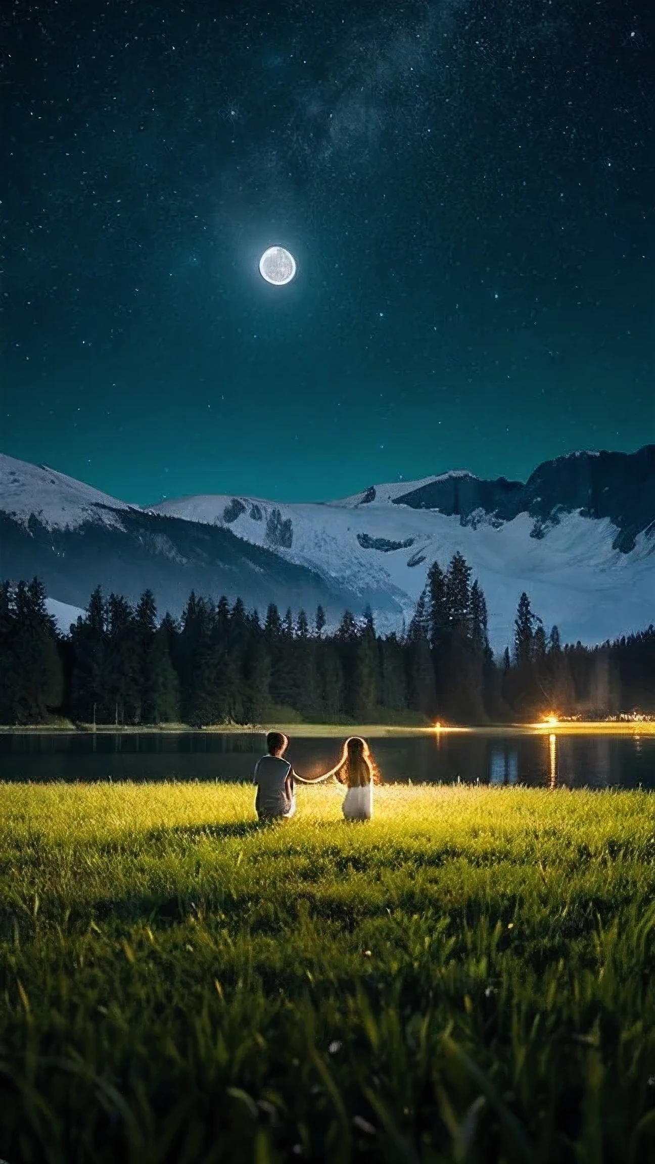 Masterpiece, ultra-realistic, fantastic, night, big full moon, nature, lake, vast fields,
