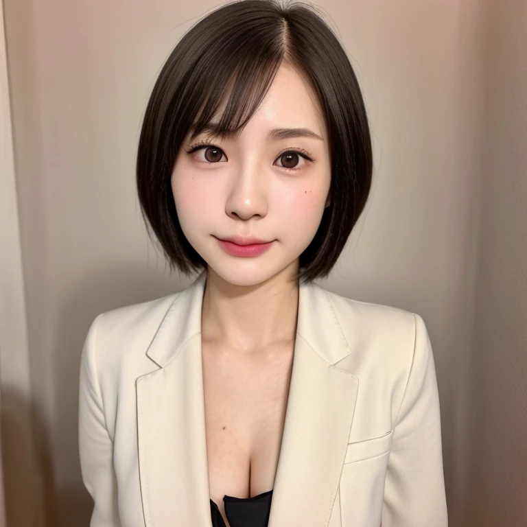 (kawaii 24 year-old Japanese girl, Nogizaka idol, Korean idol), glossy brown hair, (very short hair, forehead:1.2), beautiful black eyes, rounded face, narrow shoulders, single eyelid, no makeup, no expression, (suit jacket, collared shirt, necktie), extra small breasts, BREAK, (simple white background:1.2), (view from forward, bust shot, upper body shot, id photo:1.2), BREAK, (masterpiece, best quality, photo realistic, official art:1.4), (UHD, 8K quality wallpaper, high resolution, raw photo, golden ratio:1.3), (shiny skin), professional lighting, physically based rendering, award winning, (highly detailed skin texture, extremely detailed face and eyes textures), Carl Zeiss 85 mm F/1.4, depth of field, (1girl, solo),