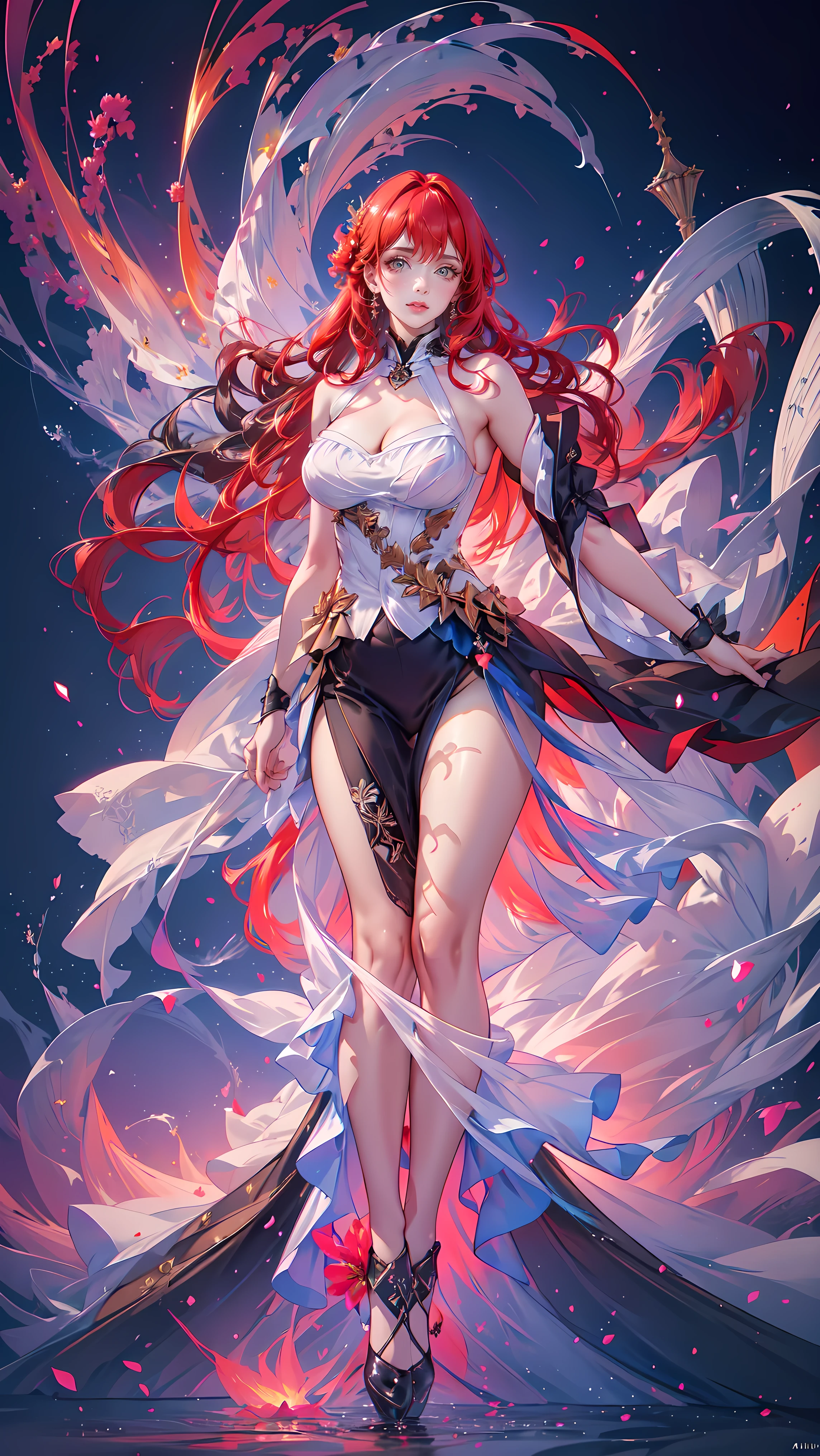 (((FULL BODY POSE))) (((SHOW PANTIES))) (((BIG GIANT BOOBS))) (((RED HAIR))) ((GOOD FINGER, ANATOMY CORRECTED)) (((RED LONG LUXURY ARISTOCRATIC NOBLE COSTUME WITH FLOWER BROCHS))) | A WOMEN WEAR ((SEXY OUTFIT)) FLOATING IN THE WATER ((BLUE SKY BACKGROUND)) ((FLOWER PETALS FAILING BACKGROUND IS A BLUE SKY)))) HORIZON PLANET FULL OF (((STARS))) | big eyes, ((big boobs)) sexy pose, big thigh, full body, large breasts, open legs, show panties, smile, portrait knights of zodiac, extremely detailed ((pixiv arts)), high detailed official artwork, [ tarot card ]!!!!!, detailed key anime art, knights of zodiac anime, beautiful celestial mage, firefly from honkai star rails, full body | (dynamic angle:1.1), outline, ((thick line art)), cover, stylish, official art, (details:1.2), (fantasy), garden, (bloom:1.1), glow:0.2, shadow, nature, flower, splash water, crystal, snowflakes, particles, bokeh, anamorphic light (depth of field), sharp focus, (volumetric lighting), (bokeh:0.6), film grain:0.4, (soft lighting:1.1) (VIGNETTE:1) | high-quality, ultra-detailed illustrations, ultra-high resolution, (high resolution, overwhelmingly pixel-perfect, luxurious illustration), (Ultra Quality, Masterpiece, Ethereal:1.4) photorealistic:.1.4, UHD (8k, RAW photo, best quality, masterpiece:1.2)