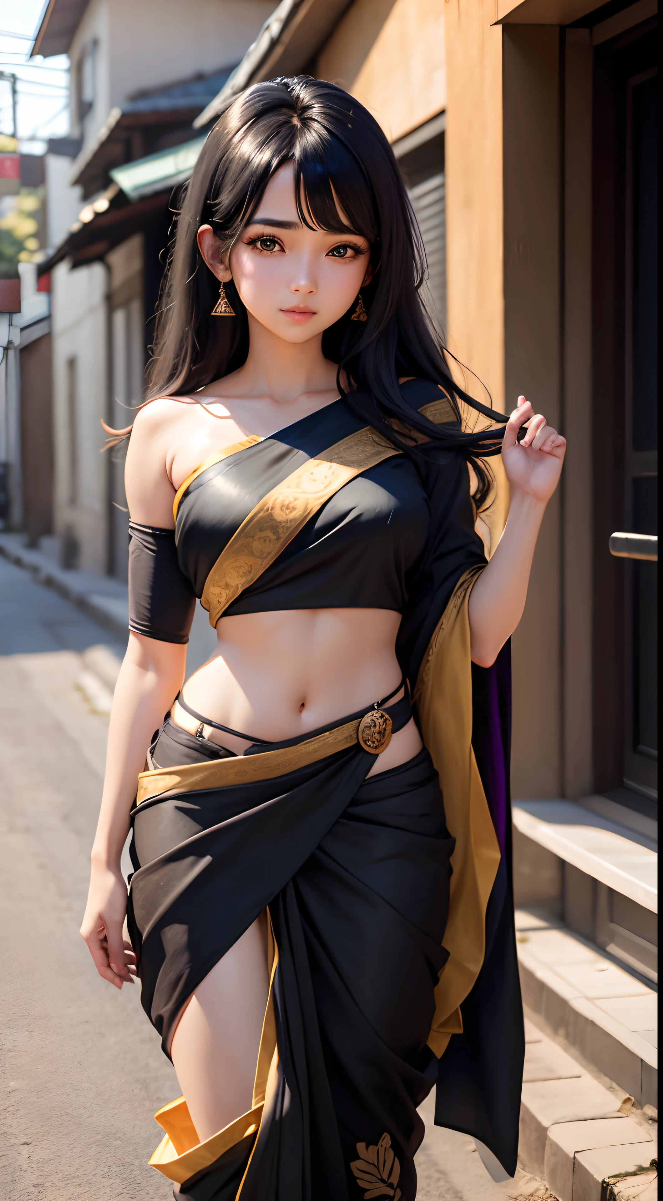 Cute anime girl, traditional saree, open black hair, ultra realistic, 8k,