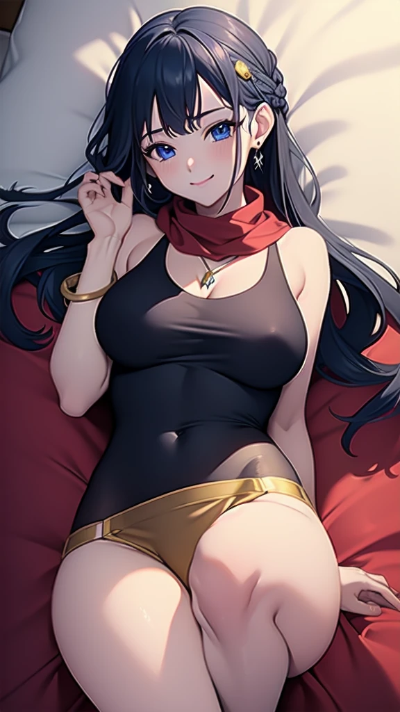 masterpiece, best quality, 1 solo girl, dark blue hair, blue eyes, long hair, medium breasts, sexy body and face, wavy hair, smile, sleeveless shirt, scarf, black thigh-high, mini skirt, pendant, bracelet, jewelry, earrings, feather hair ornament, book, lying at the bed, night, sexy pose, cowboy shots, detailed body, face, and eyes, sharp focus, vibrant, creative, dynamic, high definition, high resolution, 8k, (Upscale: R-ESRGAN 4x+ Anime6mage enchance:4x), voluptuous body, cinema lightning, dakimakura style, looking at the viewer, hair braid