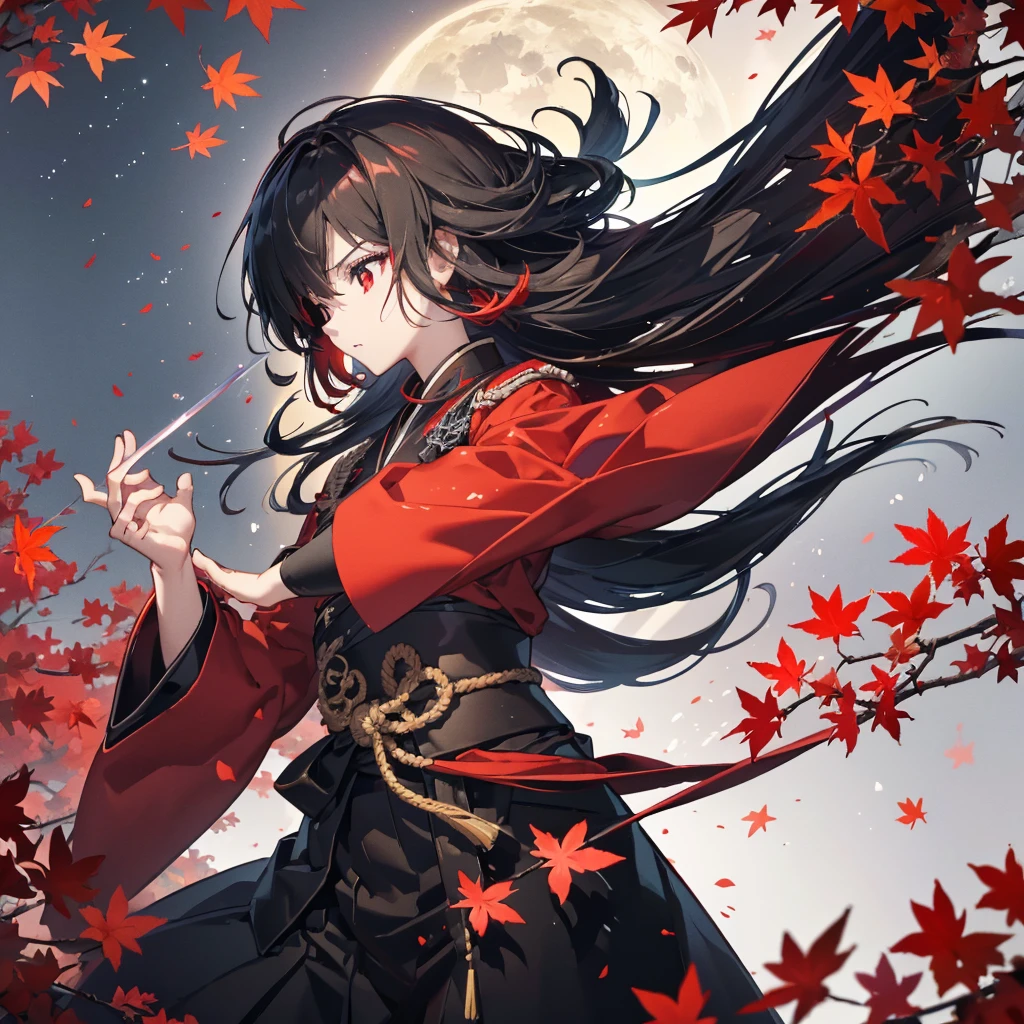 ((blackい髪　Long Hair　black　Military commander　one person　Lonely　Red Flag　Eye patch))　((night　Japanese style　old　Shining Aura))　(Dance　Burning Blade　Shining Japan sword　Hold the sword with your right hand　Hold the sheath in your left hand　Pull it out as it is)　moon　star　Draw your sword　Slashing　Catch the wind　print　Tense face　geta　kimono　Red shiny edge　Reflection of the sword　water surface　autumn　Maple　Red Butterfly　in the forest　Emit an aura