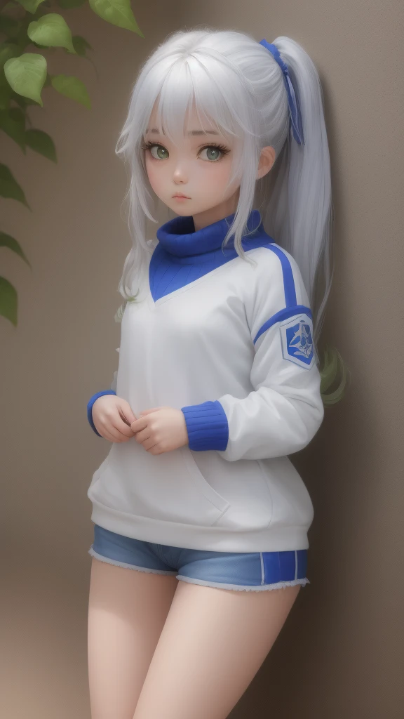 (1 girl one girl:1 girl.3 girls), solo,_Kim Ji-ni Jennie face,Wear a royal blue armband sweater,Short model,White bandeau inside,blue shorts,,sex appeal,cuteness,white legwear,White wall,,FULL-bodyphoto,looks at the viewer,World-weary face,Indifferent eyes,Korean style