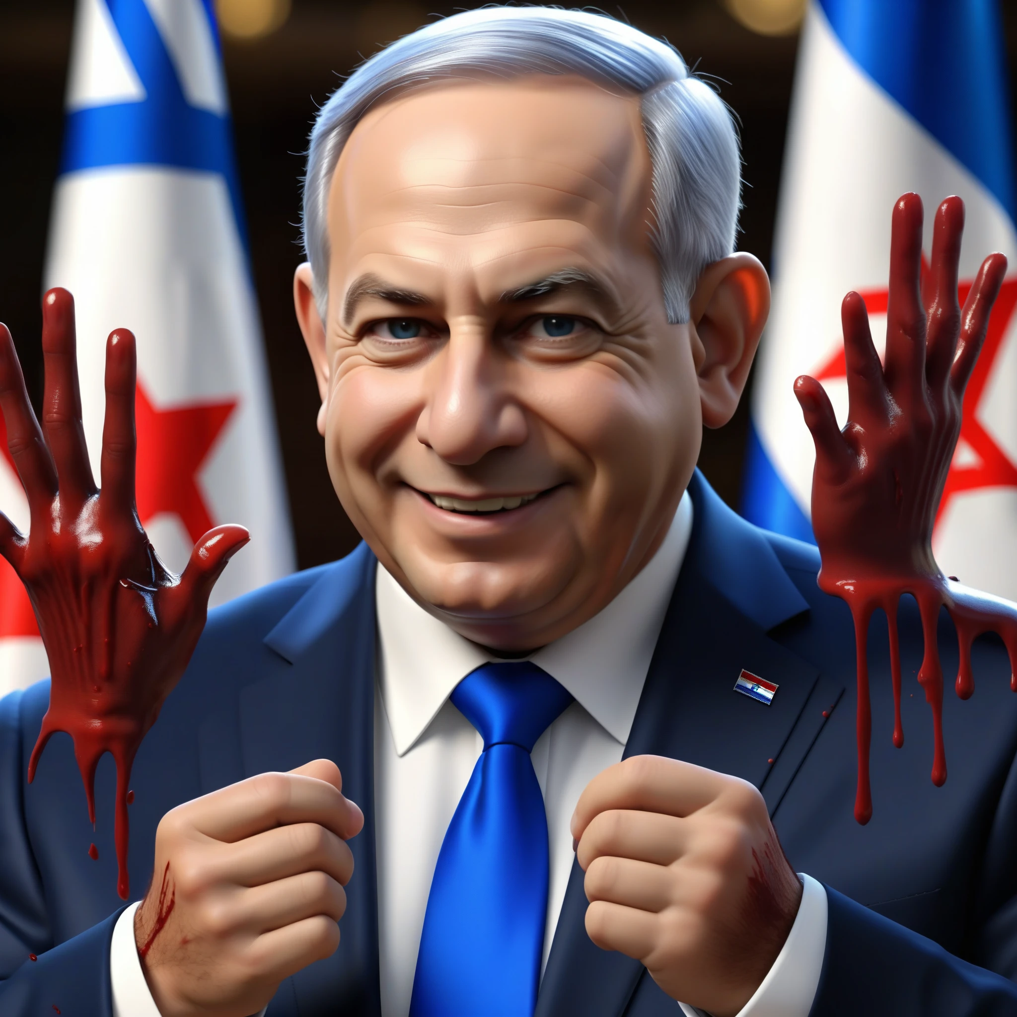 (masterpiece:1.2) (photorealistic:1.2) (bokeh) (best quality) (detailed skin) (intricate details) (8k) (high poly) (ray tracing) (cinematic lighting) (sharp focus),( full body:1.2), (half body:1.2) The truth of clean smiling Benjamin Netanyahu (trying to wipe blood from his hands:1.4), (malevolence:1.2) Israel flags