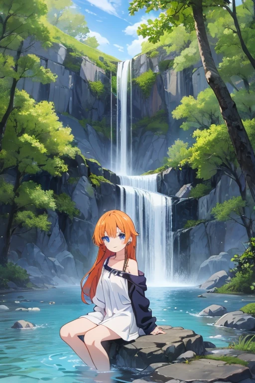 an area of a small lake in a forest area with a few rocks here and there, tree, scenery, waterfallanime women's body pictures 2 anime girls standing together anime girls,sit under the waterfall , meditation position,off shoulder, looking at viewer, blue eyes, smile, jewelry, sleeveless, earrings, upper body, white wet blouse,1 girl long light blue hair, second girl medium pony tail orange hair