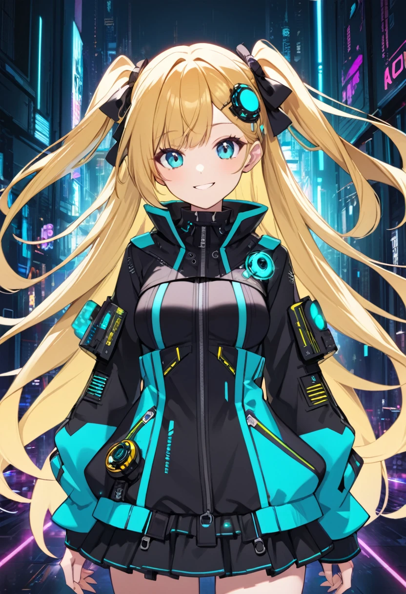 1girl,two side up,long hair,blonde hair,medium breasts,fusion of  gothic lolita and glowing cyberpunk jacket,turquoise eyes,tareme,smile,