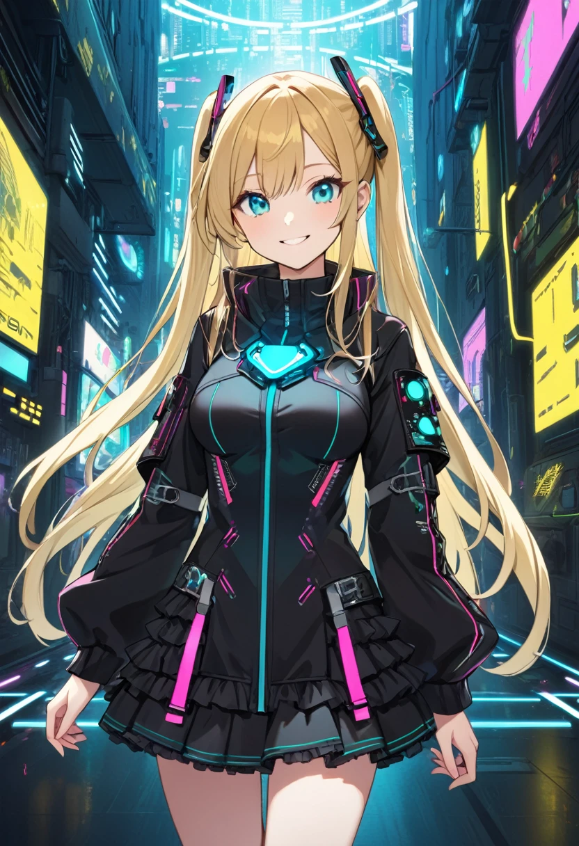 1girl,two side up,long hair,blonde hair,medium breasts,fusion of  gothic lolita and glowing cyberpunk jacket,turquoise eyes,tareme,smile,