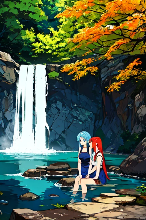 an area of a small lake in a forest area with a few rocks here and there, tree, scenery, waterfallanime women's body pictures 2 anime girls standing together anime girls,sit under the waterfall , meditation position,off shoulder, looking at viewer, blue eyes, smile, jewelry, sleeveless, earrings, upper body, white wet blouse,1 girl long light blue hair, second girl medium pony tail orange hair