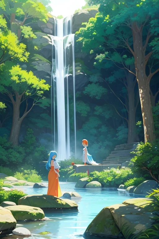 an area of a small lake in a forest area with a few rocks here and there, tree, scenery, waterfallanime women's body pictures 2 anime girls standing together anime girls,sit under the waterfall , meditation position,off shoulder, looking at viewer, blue eyes, smile, jewelry, sleeveless, earrings, upper body, white wet blouse,1 girl long light blue hair, second girl medium pony tail orange hair