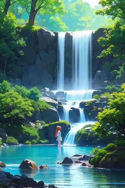 an area of a small lake in a forest area with a few rocks here and there, tree, scenery, waterfallanime women's body pictures 2 anime girls standing together anime girls,sit under the waterfall , meditation position,off shoulder, looking at viewer, blue eyes, smile, jewelry, sleeveless, earrings, upper body, white wet blouse,1 girl long light blue hair, second girl medium pony tail orange hair