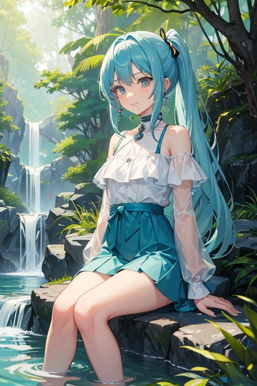 an area of a small lake in a forest area with a few rocks here and there, tree, scenery, waterfallanime women's body pictures 2 anime girls standing together anime girls,sit under the waterfall , meditation position,off shoulder, looking at viewer, blue eyes, smile, jewelry, sleeveless, earrings, upper body, white wet blouse,1 girl long light blue hair, second girl medium pony tail orange hair