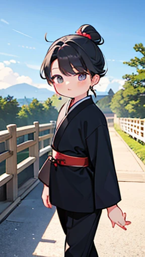 ancient China、ancient Chinaの衣装を着た少年、Intelligent boy、Looking into the camera、There is a topknot on the head.、Walking Alone、Hanfu、Black Hair