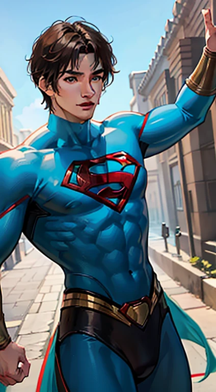 Young guy, short brown hair, Cyan eyes, brawn, Black Superman Costume, ssmile, Masterpiece, hiquality