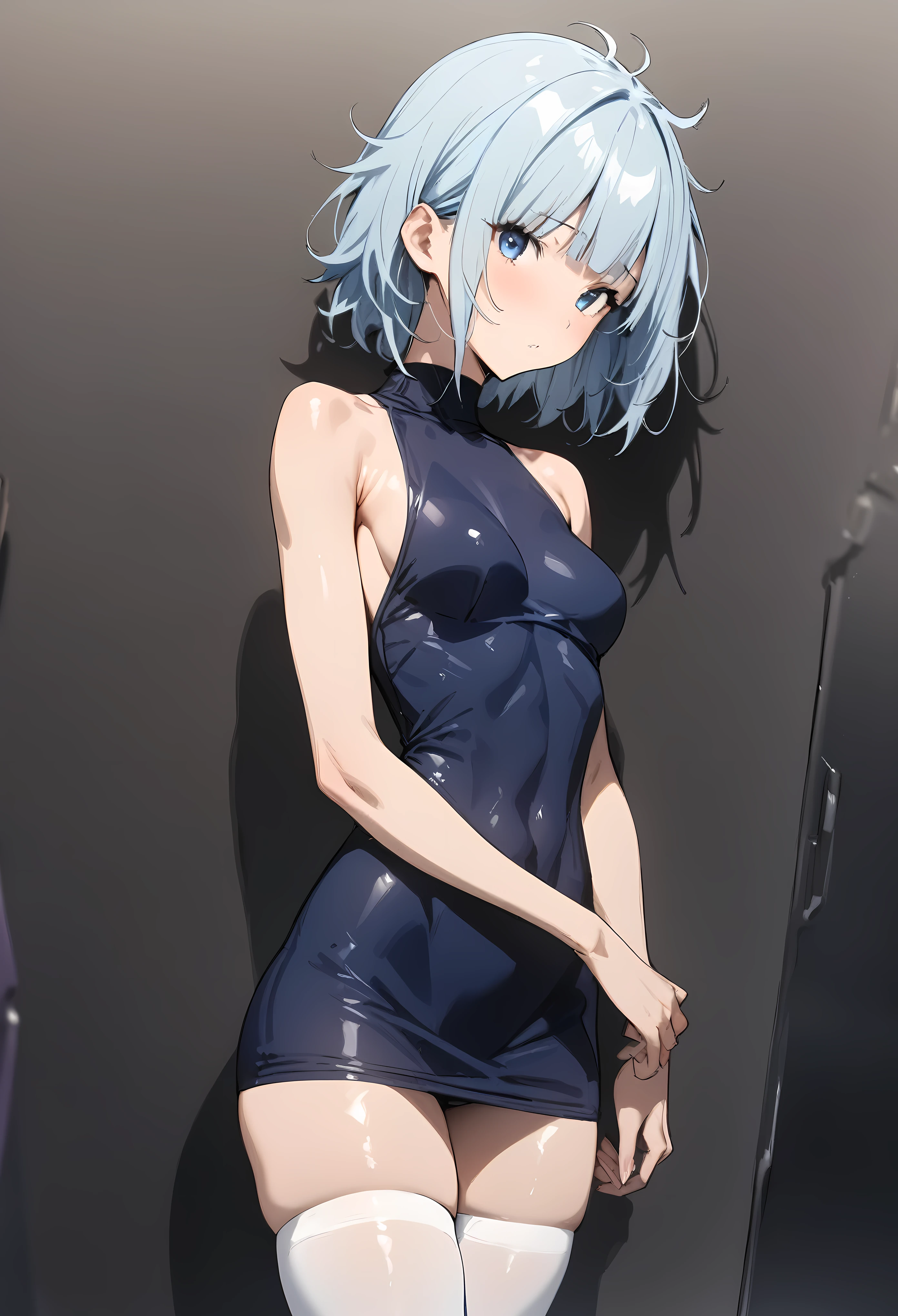 ((masterpiece, highest quality:1.2)),cowboy shot,1woman,20 year old beauty,solo,((very small head)),messy hair,short hair, light blue hair,blue eyes,blunt,((very long and slender body)),toned body,skinny,medium breasts,shiny skin,Navy blue sleeveless mini dress、turtleneck、white_thighhighs、