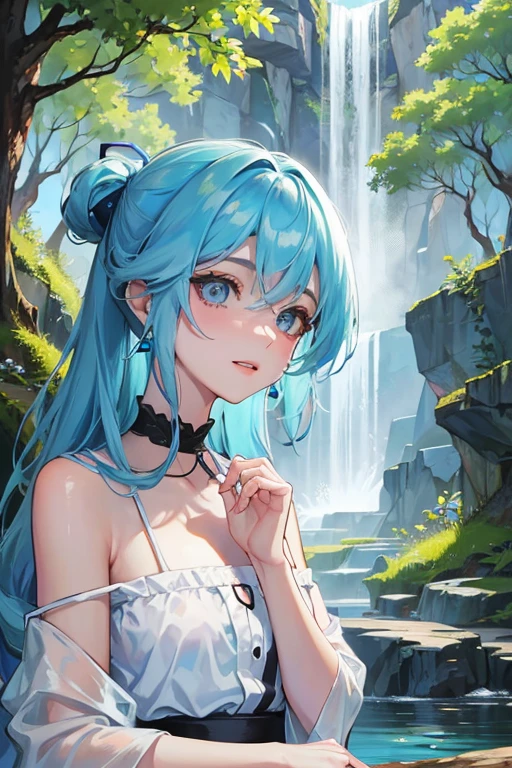 an area of a small lake in a forest area with a few rocks here and there, tree, scenery, waterfallanime women's body pictures 2 anime girls standing together anime girls,sit under the waterfall , meditation position,off shoulder, looking at viewer, blue eyes, smile, jewelry, sleeveless, earrings, upper body, white wet blouse,1 girl long light blue hair, second girl medium pony tail orange hair