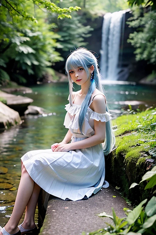 an area of a small lake in a forest area with a few rocks here and there, tree, scenery, waterfallanime women's body pictures 2 anime girls standing together anime girls,sit under the waterfall , meditation position,off shoulder, looking at viewer, blue eyes, smile, jewelry, sleeveless, earrings, upper body, white wet blouse,1 girl long light blue hair, second girl medium pony tail orange hair
