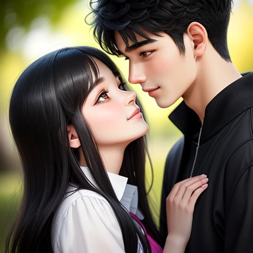 men and women, standing behinde the tree, kissing kiss, Hugging and staring at each other, Lovers
20-year-old boy and 18-year-old girl, Detailed face, Detailed eyes, double eyelid, cute, sunny, warm, smile, Handsome-cool-warm-boy with black hair and hot-seductive-sexy-cute-beautiful-girl with black hair and blushing face. Intimate vibes.