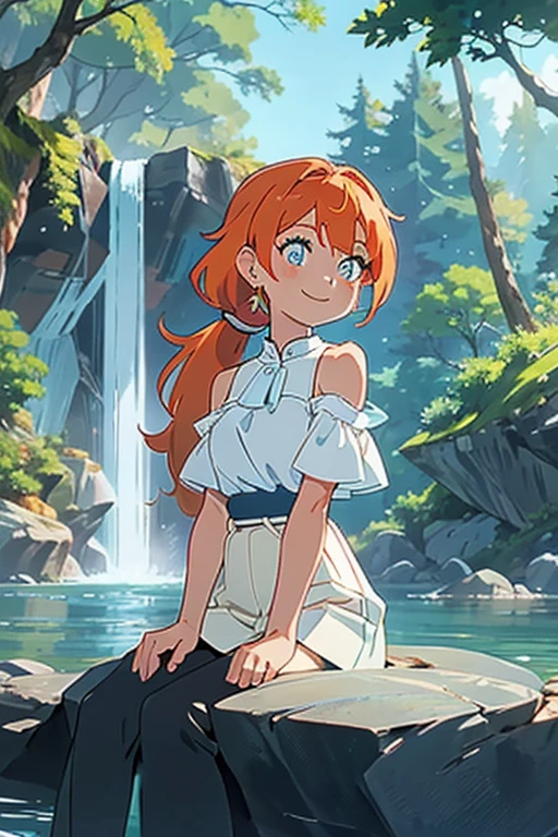 an area of a small lake in a forest area with a few rocks here and there, tree, scenery, waterfallanime women's body pictures 2 anime girls standing together anime girls,sit under the waterfall , meditation position,off shoulder, looking at viewer, blue eyes, smile, jewelry, sleeveless, earrings, upper body, white wet blouse,1 girl long light blue hair, second girl medium pony tail orange hair