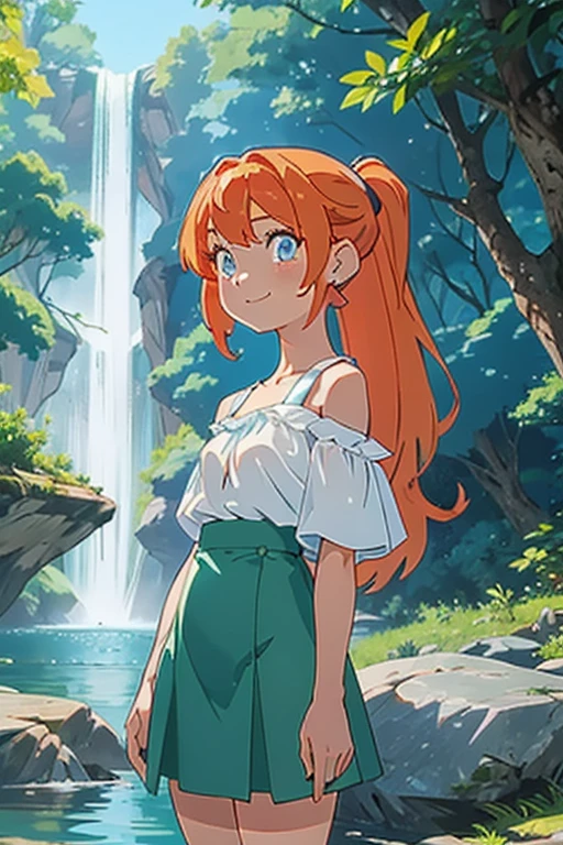 an area of a small lake in a forest area with a few rocks here and there, tree, scenery, waterfallanime women's body pictures 2 anime girls standing together anime girls,sit under the waterfall , meditation position,off shoulder, looking at viewer, blue eyes, smile, jewelry, sleeveless, earrings, upper body, white wet blouse,1 girl long light blue hair, second girl medium pony tail orange hair