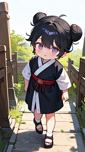 ancient China、ancient Chinaの衣装を着た少年、Intelligent boy、Looking into the camera、There is a topknot on the head.、Walking Alone、Hanfu、Black Hair