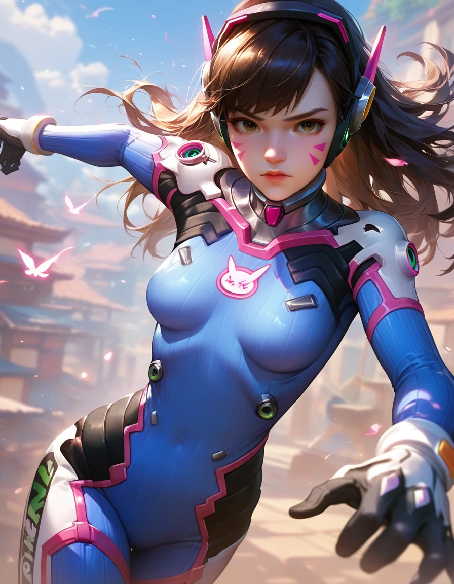 ((DVA from Overwatch)) without her mech, a woman with short brown hair in a (ponytail),she stands in Busan Korea, high quality refelctions, volumetric lighting, she is wearing her classic thin tight figure hugging stretchy pink white and ((blue)) full bodysuit, soft simple plain sport bodysuit, she stands on the street, 1 girl solo, cinematic lighting, high resolution, physically-based rendering, 8k, volumetric lighting, hyperrealistic, detailed facial features, masterpiece, full upper body, city in background, cinematic,((she has very small breasts)), flat breasts , the focus is on her whole body and the environment, cinematic screenshot, you can see the whole environment and her standing on the street, the picture has a very soft look at soft textures, cute smile, her arms are on her side, DVA is posing and does a (peace symbol with her fingers), woman body, no bra