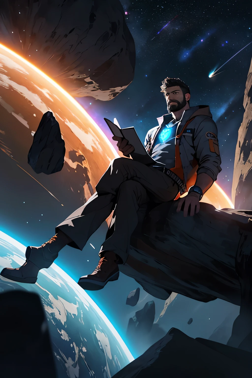 Draw a young programmer, sitting on a research platform floating in the middle of an asteroid belt. He is studying with a notebook, surrounded by several asteroids glowing with fiery auras. Dramatic lighting from distant stars and planets illuminates the scene, casting deep shadows on the suit. The young man looks confident and determined, looking at the vast and mysterious universe with wonder and respect,facial hair, cowboy shot,