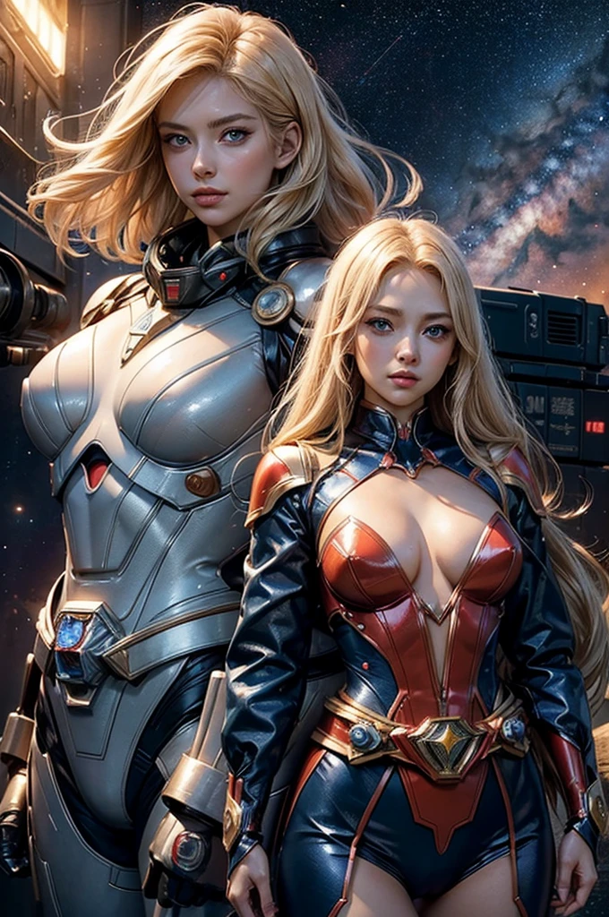 Beautiful woman with blond hair and blue eyes。Facial details。Beautiful couple。through nasal muscles。Full lips。She wore a metallic scarlet suit，Perfect fit.。Wearing a transformation belt on the waist like Kamen Rider.。Giant space battleship moving forward in outer space with woman in the background。８KImage Quality。masterpiece