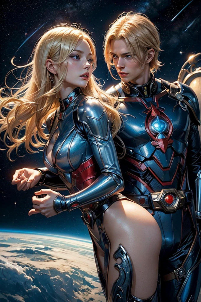 Beautiful woman with blond hair and blue eyes。Facial details。Beautiful couple。through nasal muscles。Full lips。She wore a metallic scarlet suit,Perfect fit.。Wearing a transformation belt on the waist like Kamen Rider.。Giant space battleship moving forward in outer space with woman in the background。8KImage Quality。masterpiece