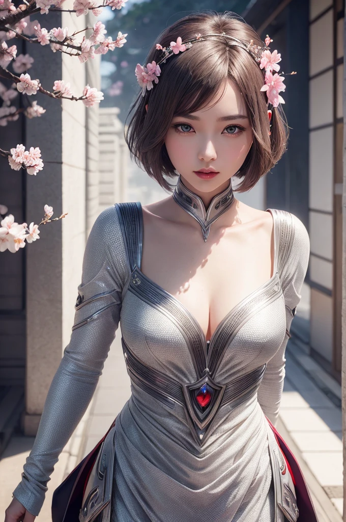 Beautiful Japan young woman, Wearing silver protective suit, Thick symmetry features, very short hair, Background with cherry blossoms, pink halo, red lips, Octane Rendering,