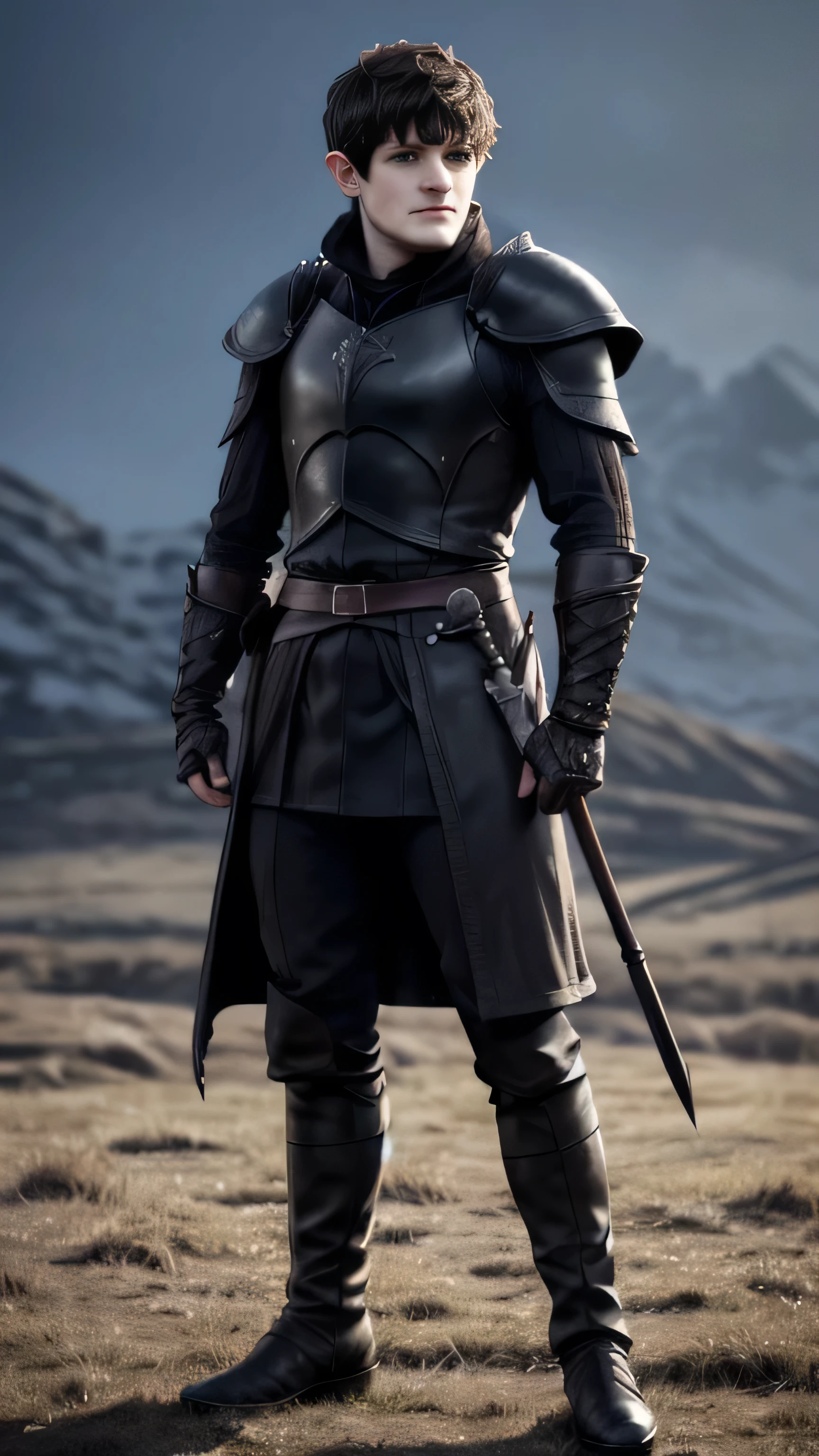 (Iwan Rheon) as Ramsay Bolton, black armor, black mantle, boots, standing, in a field, (1man), (solo), (full body view), beautiful detailed glow, detailed, cinematic light, intricate detail, realistic, highres, detailed facial features, high detail, sharp focus, smooth, aesthetic, extremely detailed, stamp, octane render