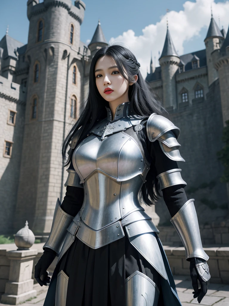masterpiece, best quality, high resolution, 8K, portrait, Realistic photos,( Combine clothing with Korean fashion design),Digital Photography, Full body female, 1 16 year old girl, (), Beautiful blue-gray gradient long hair, blue eyes, complicated, elegant, Very detailed, crown, Black skirt, ,Silver Metal Exoskeleton Armor, complicated knightly hollow armor,Power Armor, hollow-carved design, Mechanical structure, Photo poses, stately,, red lips, from《Final Fantasy 15》.Metallic, oc rendering,Reflective texture, ((Garment cutting)), ((With the castle and the huge Most in the background))