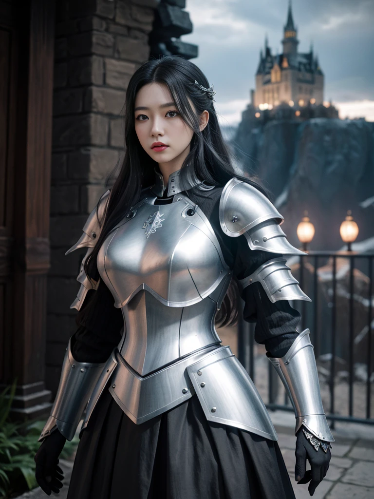 masterpiece, best quality, high resolution, 8K, portrait, Realistic photos,( Combine clothing with Korean fashion design),Digital Photography, Full body female, 1 16 year old girl, (), Beautiful blue-gray gradient long hair, blue eyes, complicated, elegant, Very detailed, crown, Black skirt, ,Silver Metal Exoskeleton Armor, complicated knightly hollow armor,Power Armor, hollow-carved design, Mechanical structure, Photo poses, stately,, red lips, from《Final Fantasy 15》.Metallic, oc rendering,Reflective texture, ((Garment cutting)), ((With the castle and the huge Most in the background))
